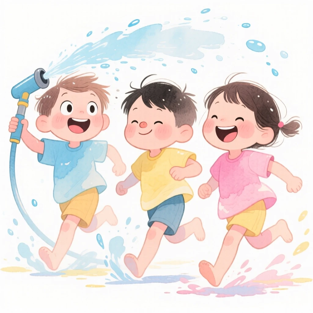 A heartwarming scene of kids running through a sprinkler on a hot summer day