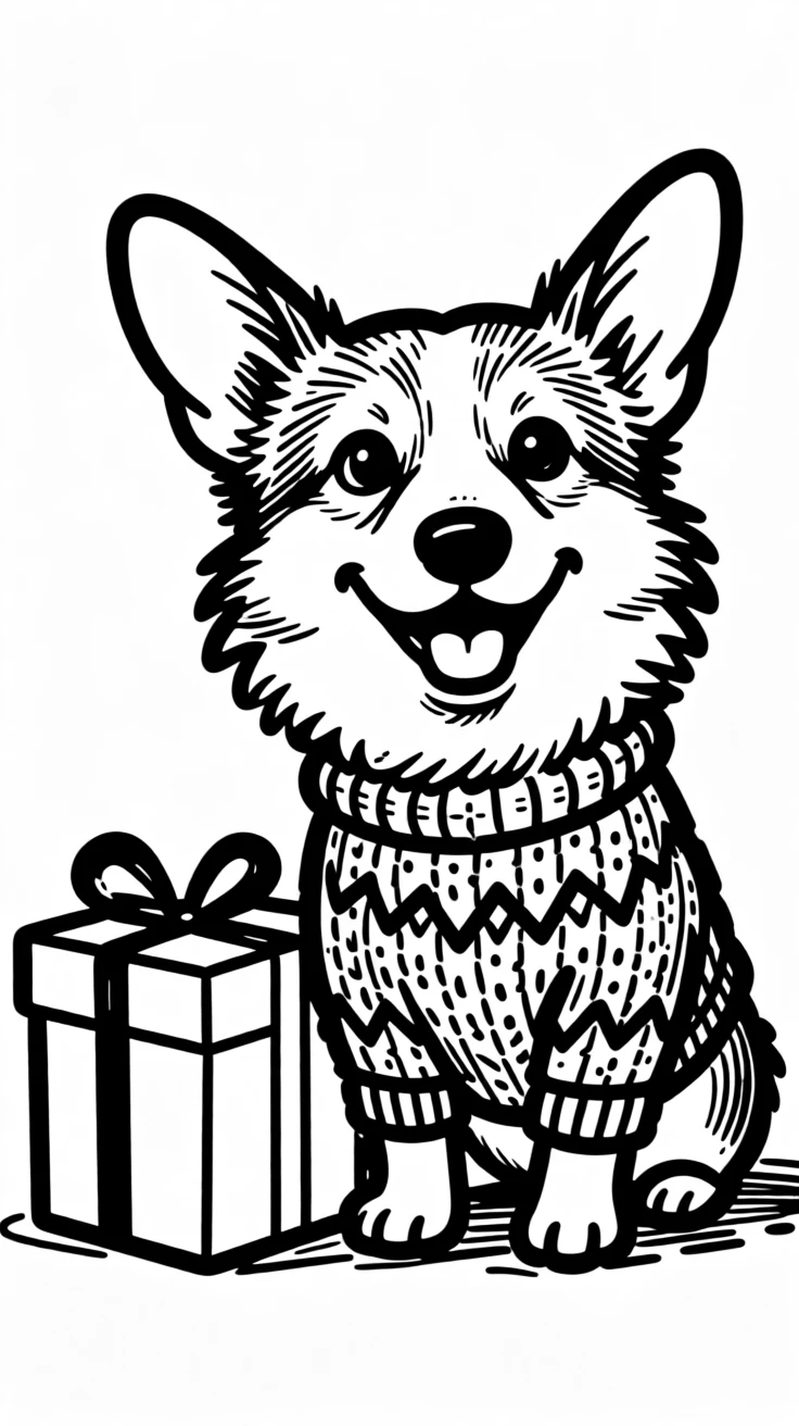 A fluffy corgi wearing a knitted holiday sweater, sitting beside a wrapped present twice its size.