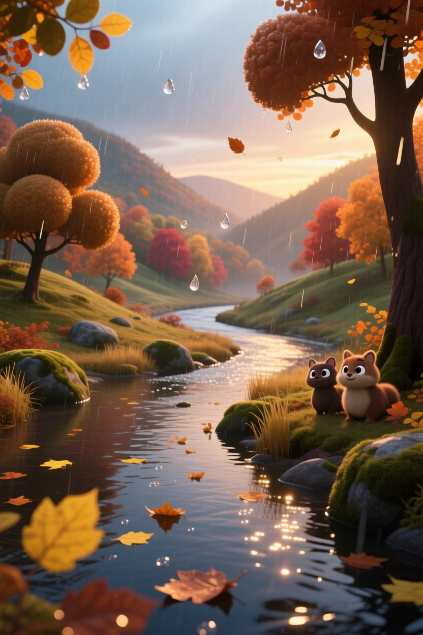 A winding river valley glows while a gentle rain begins to fall, with fallen leaves drifting slowly on the breeze. A calming stillness settles over the landscape.