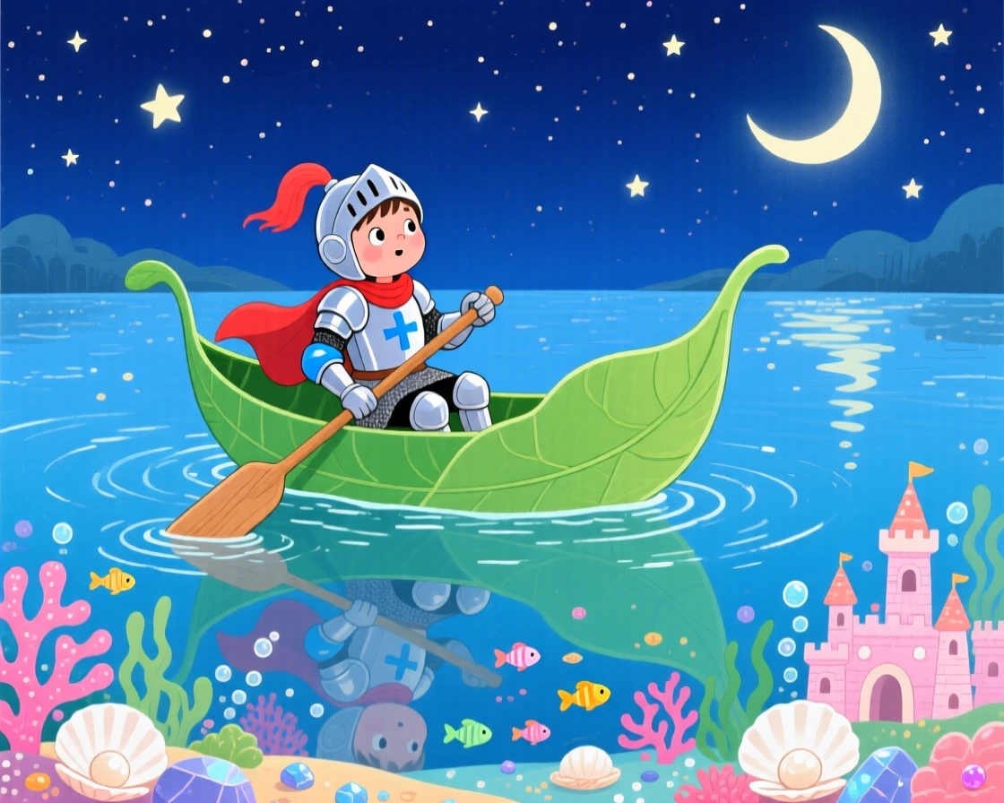 A wandering knight pauses from riding a floating leaf boat across a starlit lake to marvel at an underwater kingdom, as reflections shimmer on the still water.