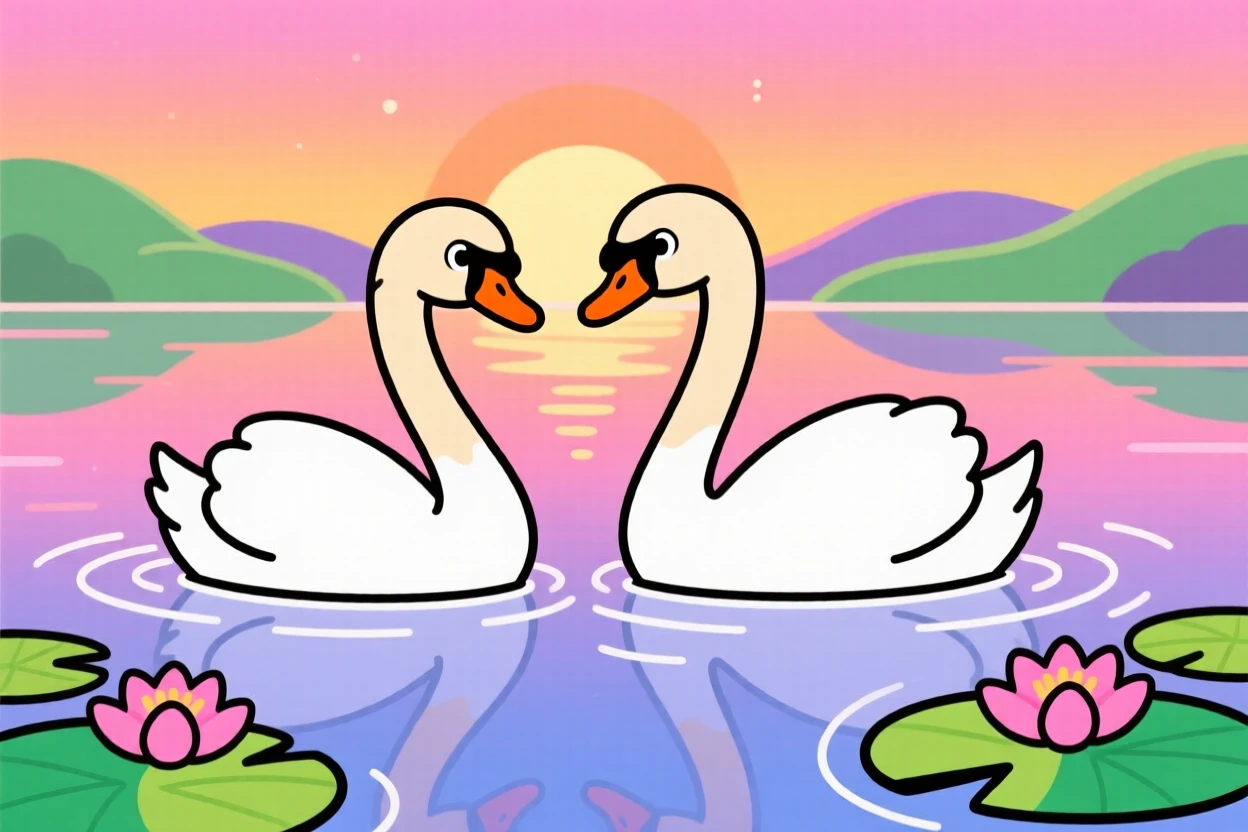 A pair of swans gliding across a still lake at sunrise.