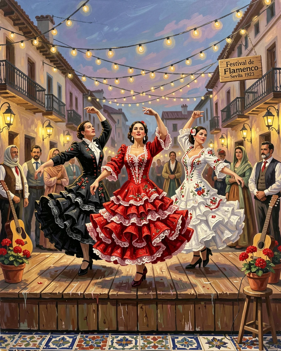 A traditional Spanish flamenco festival shows dancers in ruffled dresses performing passionately on an outdoor stage beneath string lights, small cultural details woven throughout the scene, grounding it in a specific time and place.