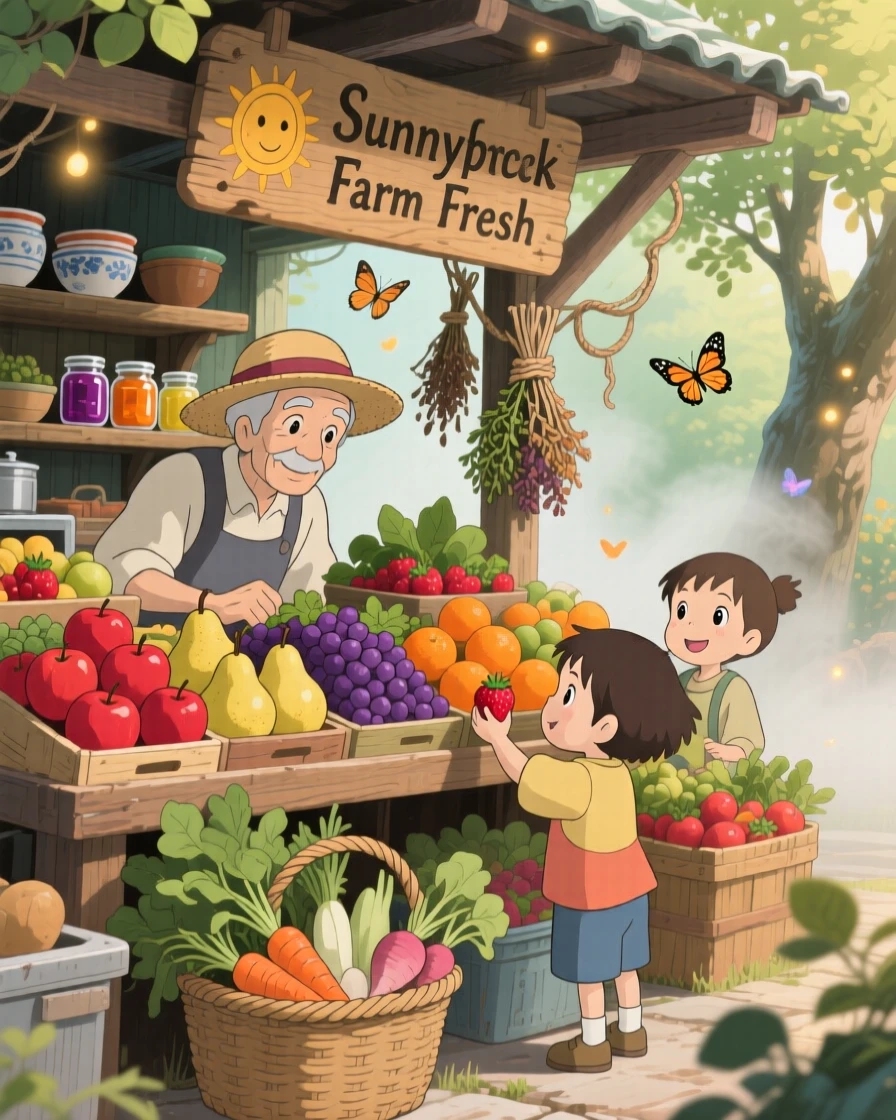 A warm, inviting scene of a farmers market stall overflowing with fresh fruit, surrounded by the comforting clutter of a well-loved kitchen.