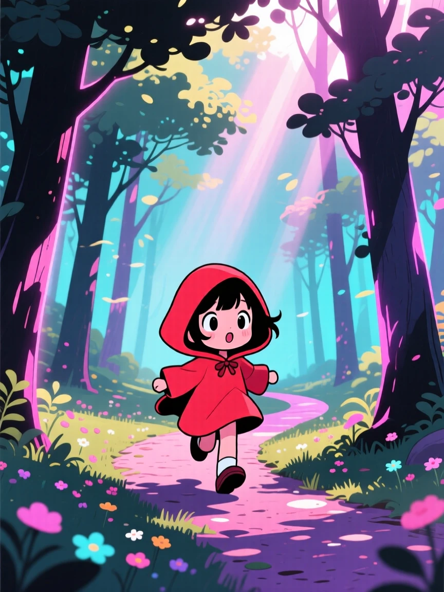 In a storybook woodland, a small girl in a red hooded cloak is skipping through a sunlit forest path during a light summer breeze, bathed in neon-lit glow, expression full of gentle surprise. Shot as a silhouette composition.