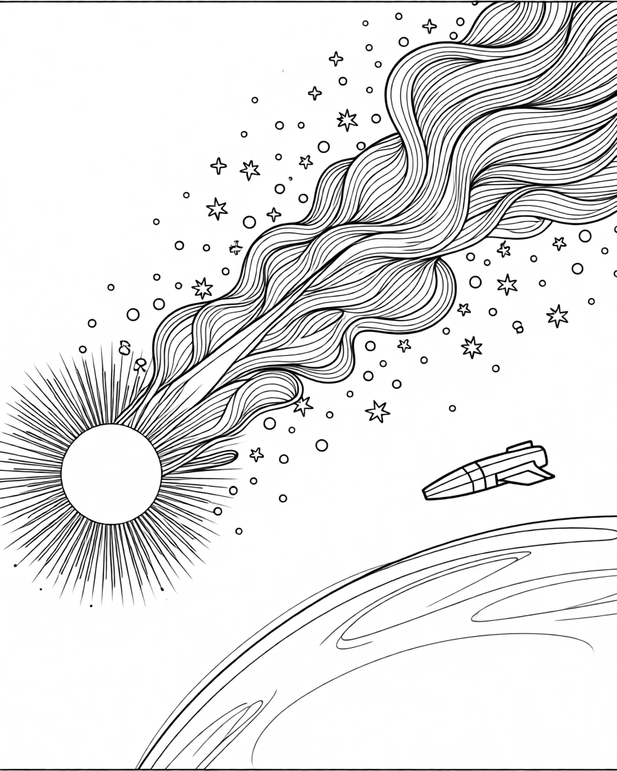 A comet trailing ice and dust across the void, with the curve of a planet visible on the horizon.