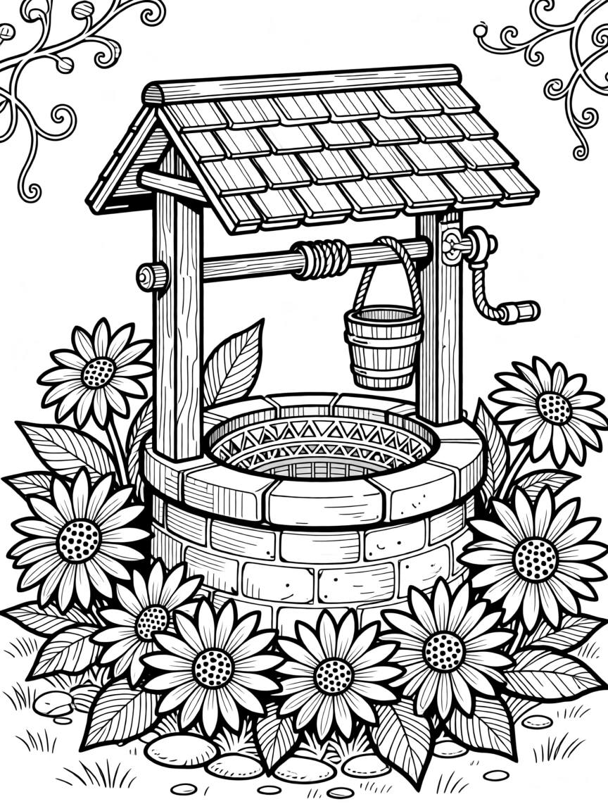 A single wishing well surrounded by a ring of blooming daisies.