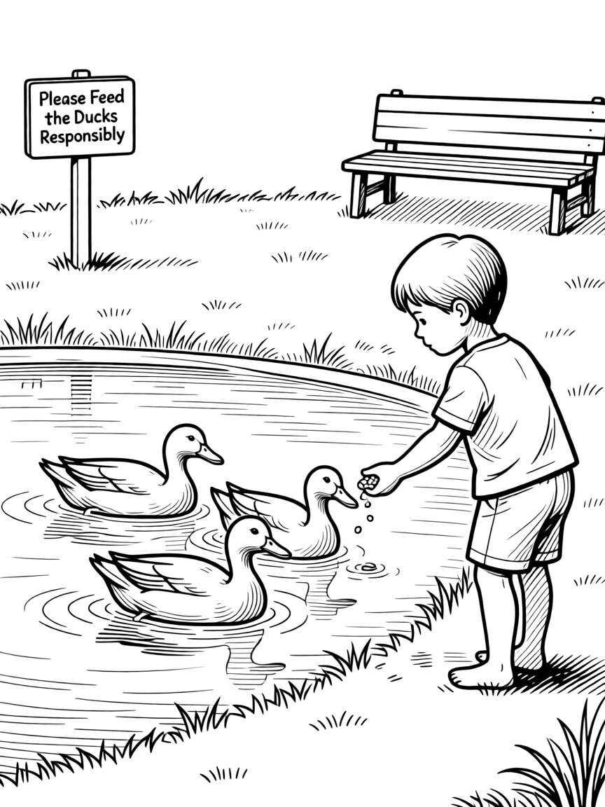 A child feeding ducks at a neighborhood pond