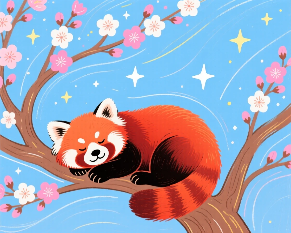 A red panda napping under a blossoming tree under a clear starry sky.