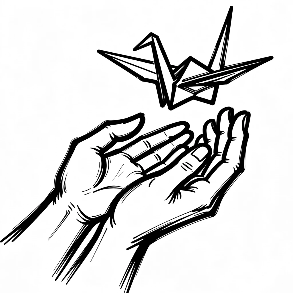 A pair of hands releasing a single origami crane into the wind.