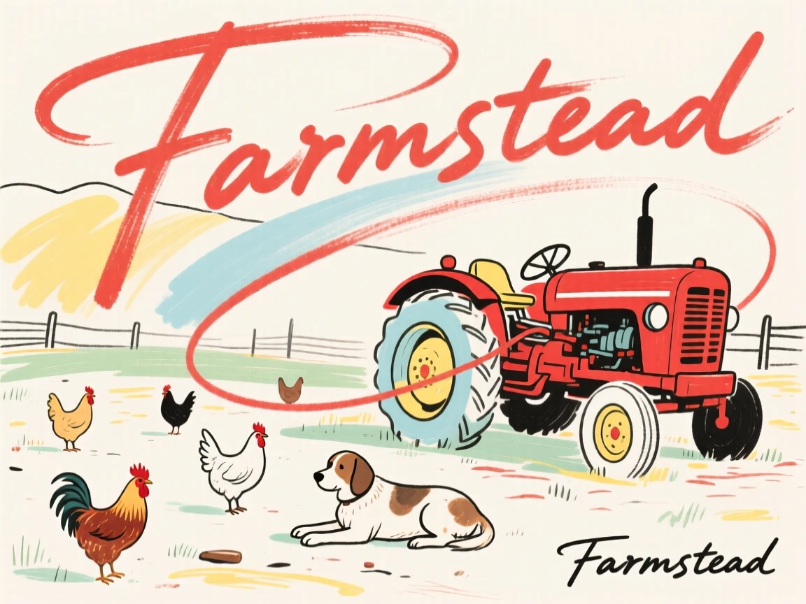 A quiet farmyard scene with chickens, a dog, and a red tractor at rest.