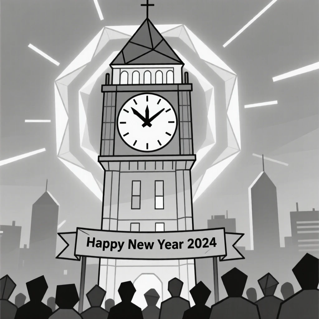 A New Year's countdown scene with a glowing clock tower