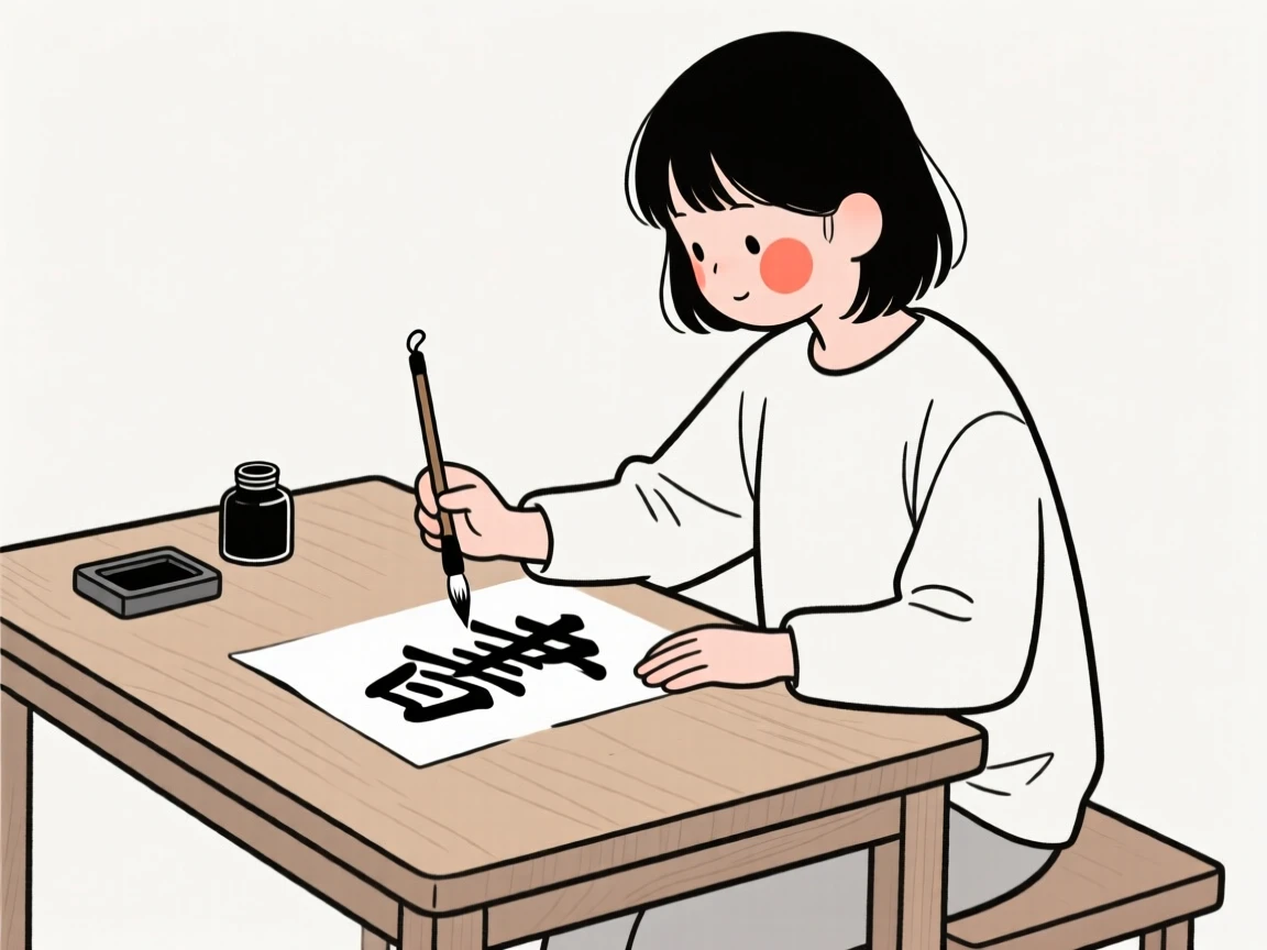 A teenager practicing calligraphy at a wooden desk.