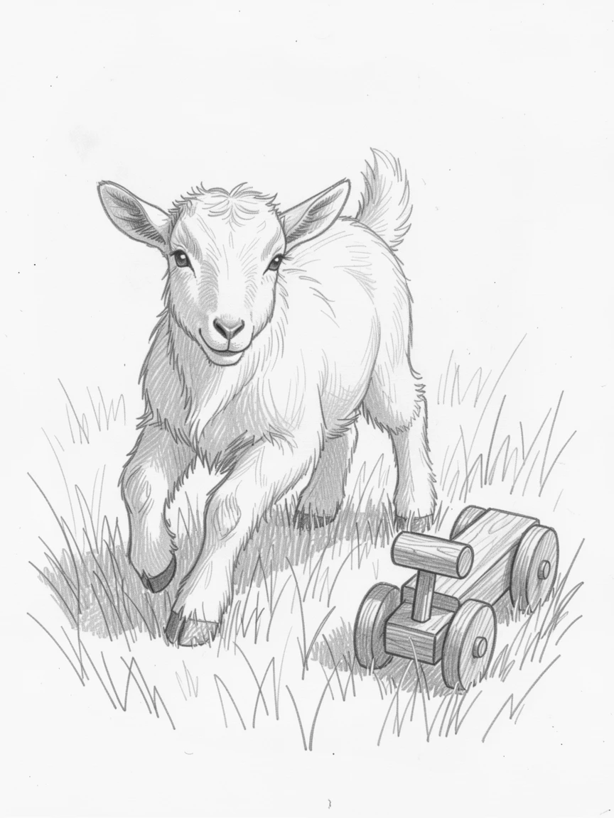 A charming close-up of a baby goat hopping through a field beside a small wooden toy, looking utterly adorable and at ease.