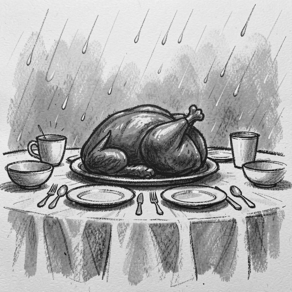 A Thanksgiving table set with a golden roasted turkey, as gentle rain patters down around them.
