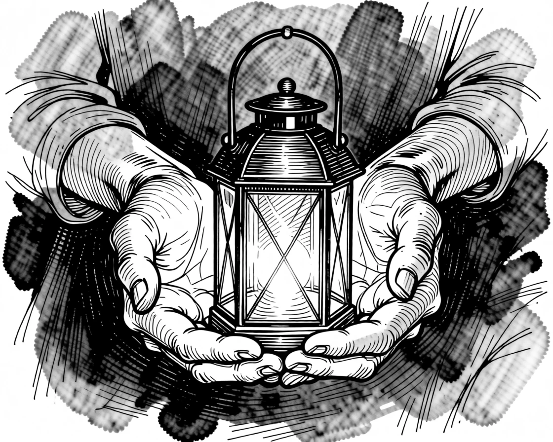 A pair of hands holding a small glowing lantern in the darkness.