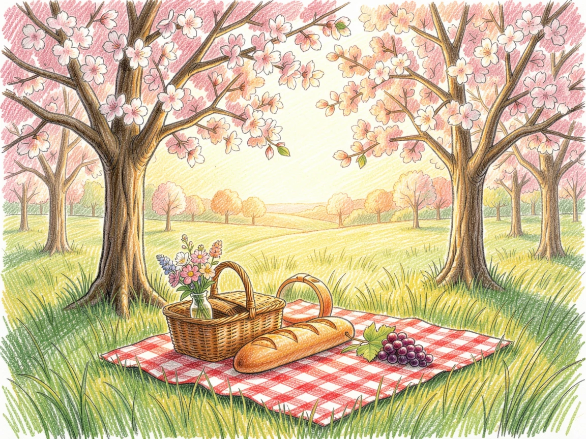 A countryside meadow picnic beneath a canopy of blossoming trees, bathed in the warm glow of golden-hour light, celebrating a moment people would love to revisit.