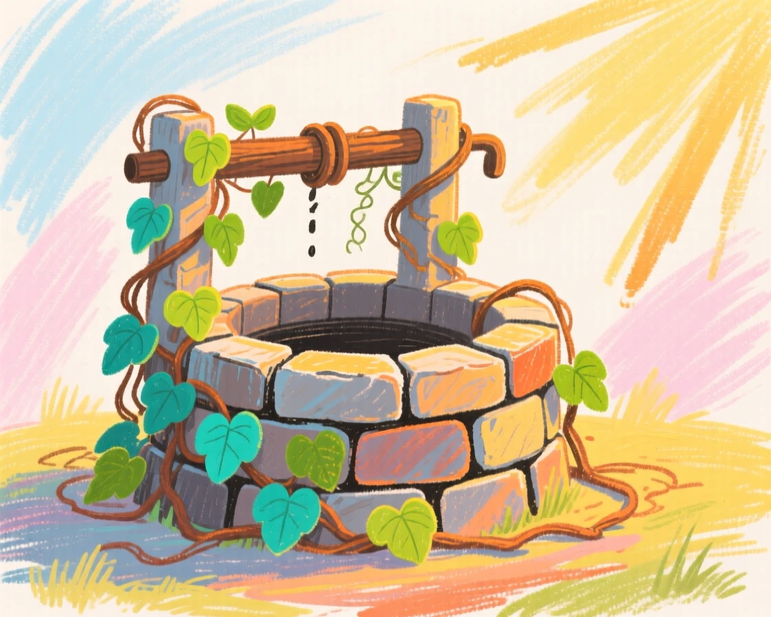 A view of a stone well surrounded by ivy bathed in the last light of day.