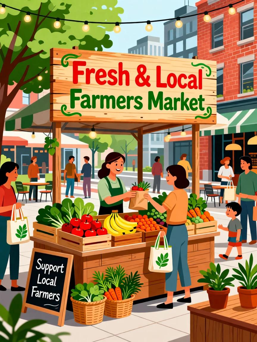 A bustling farmers market stall with a hand-painted sign, set within a vibrant, trendy urban neighborhood, framed with a cozy, inviting close perspective, with a sense of community and connection in every detail.