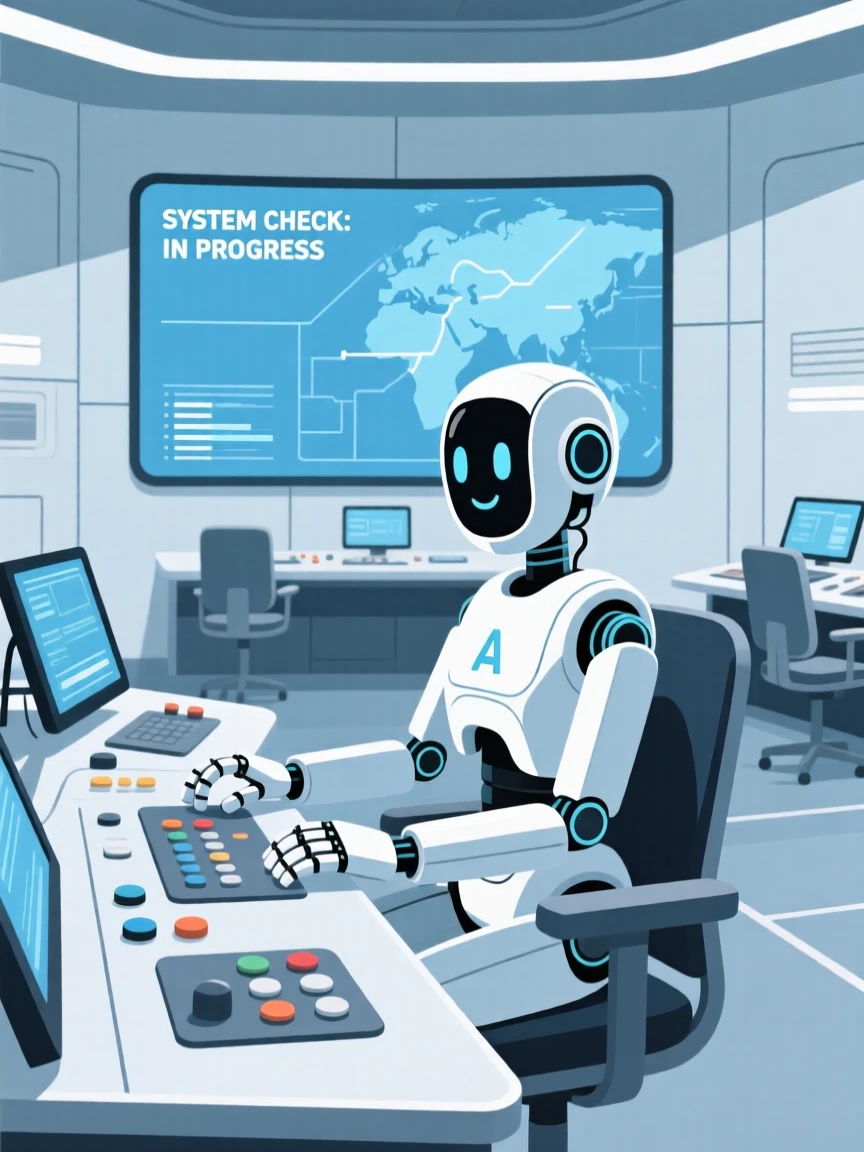 A friendly AI assistant testing new equipment in a mission control room.