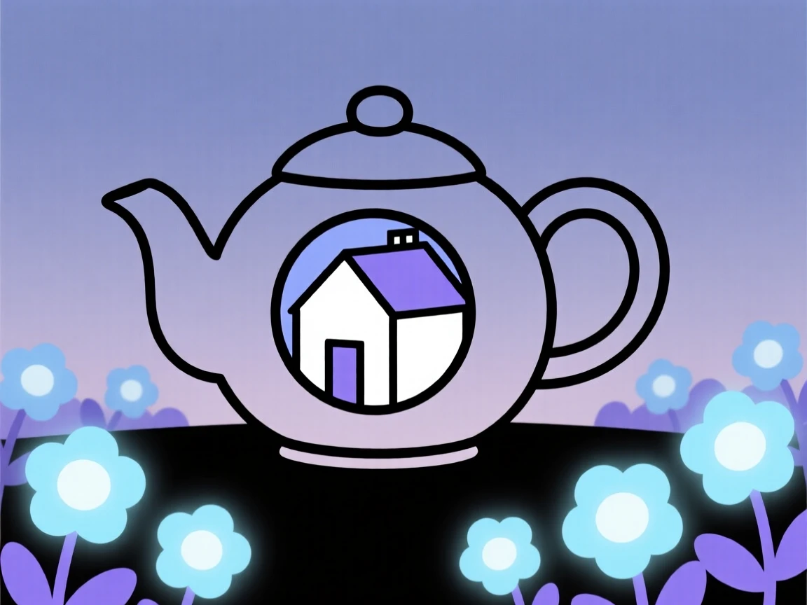 A magical tiny house built inside a teapot nestled within a quiet dreamscape at twilight, glowing near clusters of luminous flowers, full of dreamlike serenity.