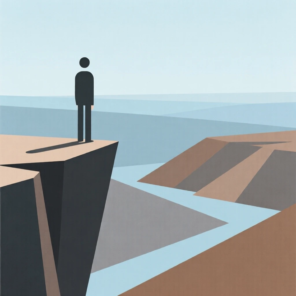 A person standing at the edge of a cliff overlooking a valley