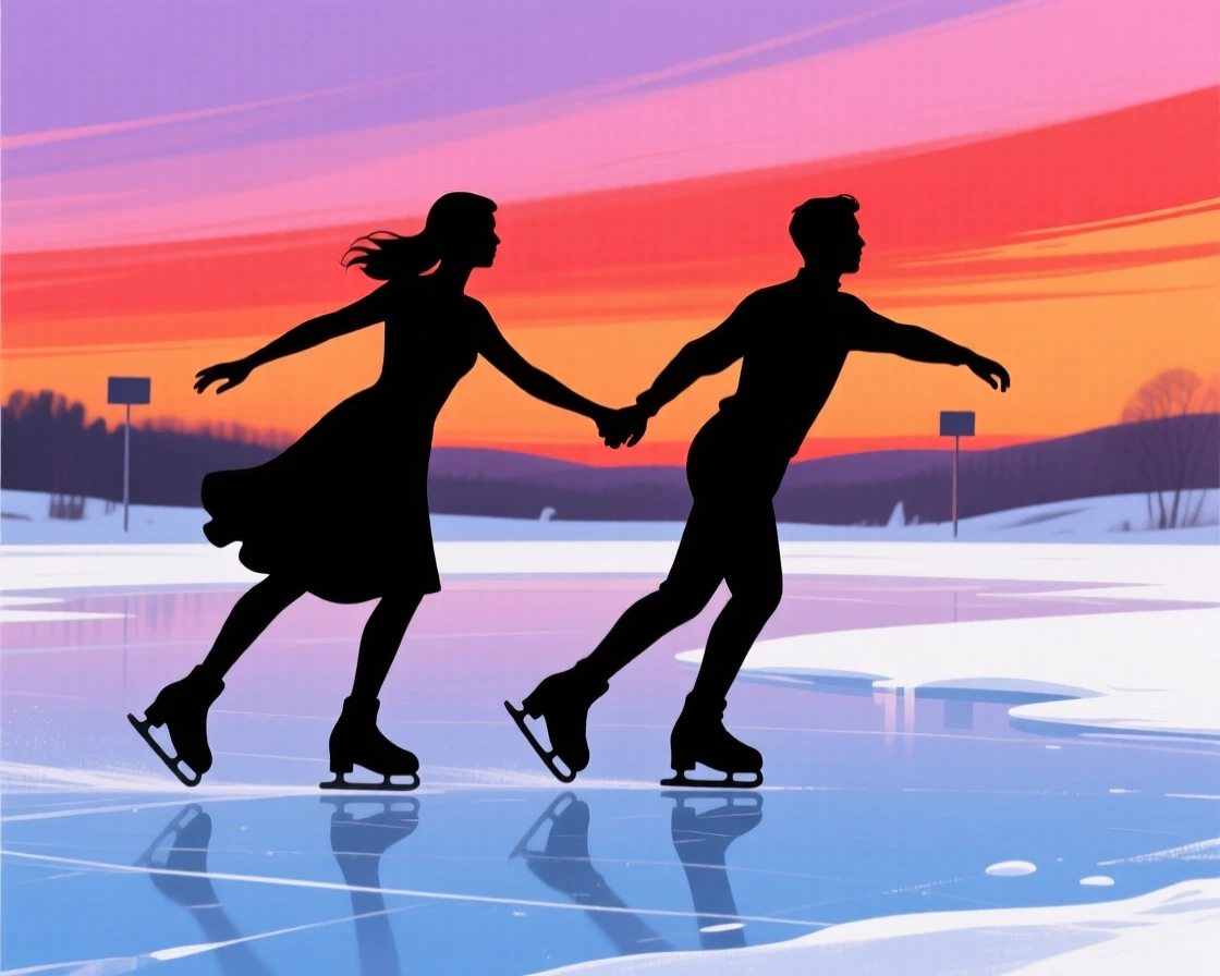 A pair of skaters holding hands as they glide across a frozen pond.