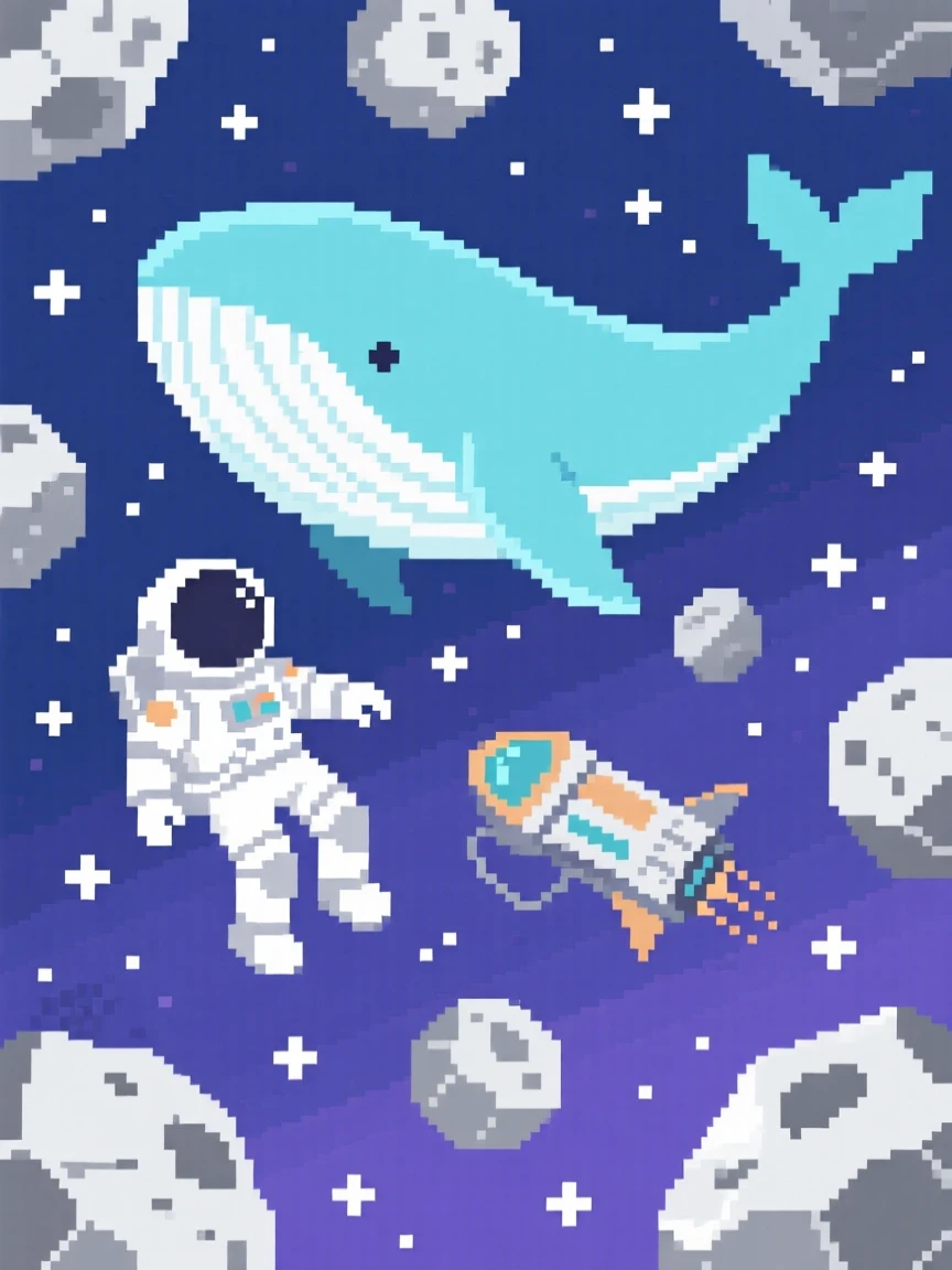 An astronaut floating beside a giant space whale floating peacefully among a field of asteroids, aboard a small spacecraft drifting through the stars.