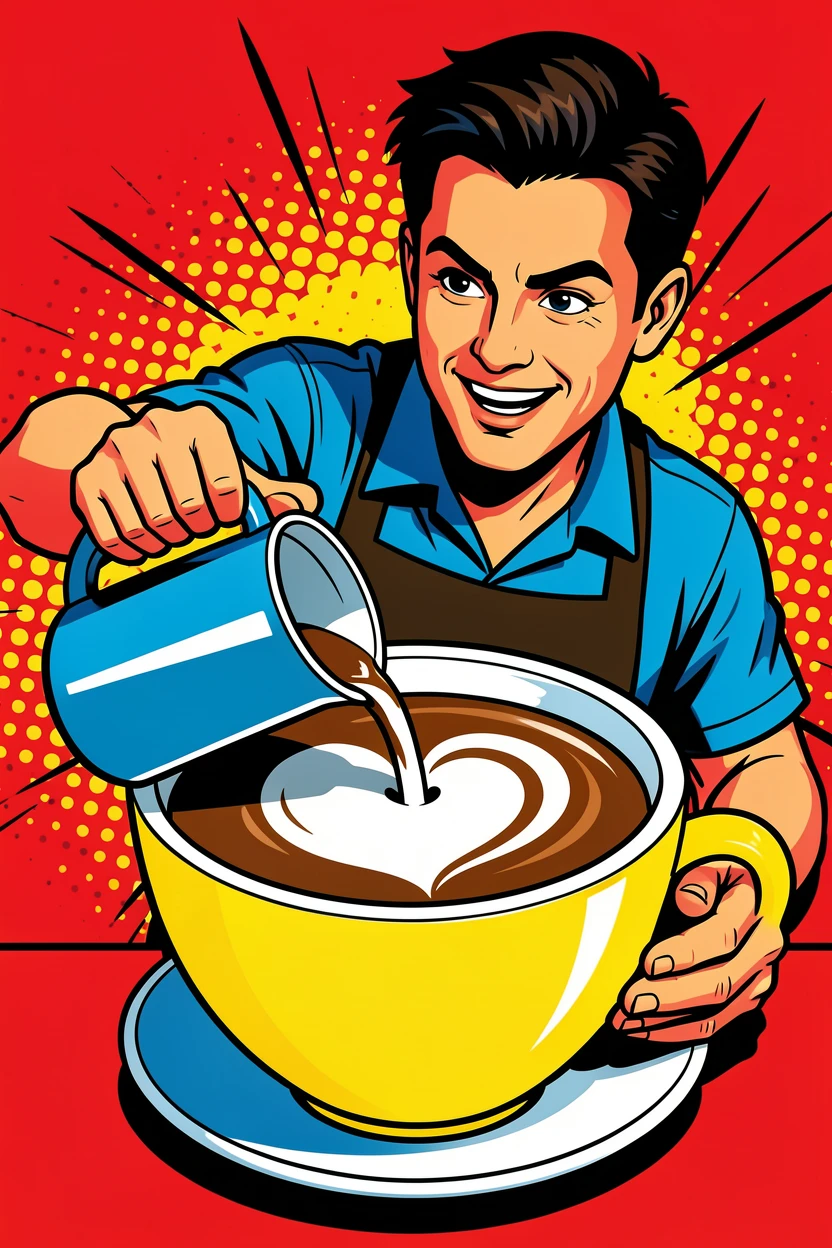 A barista pouring a heart-shaped design into a latte