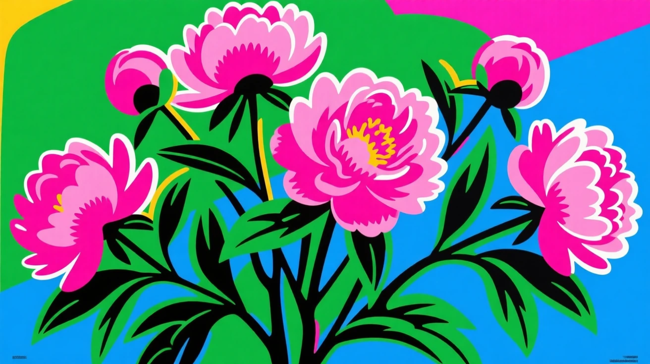 Peony bush bursting with pink blooms