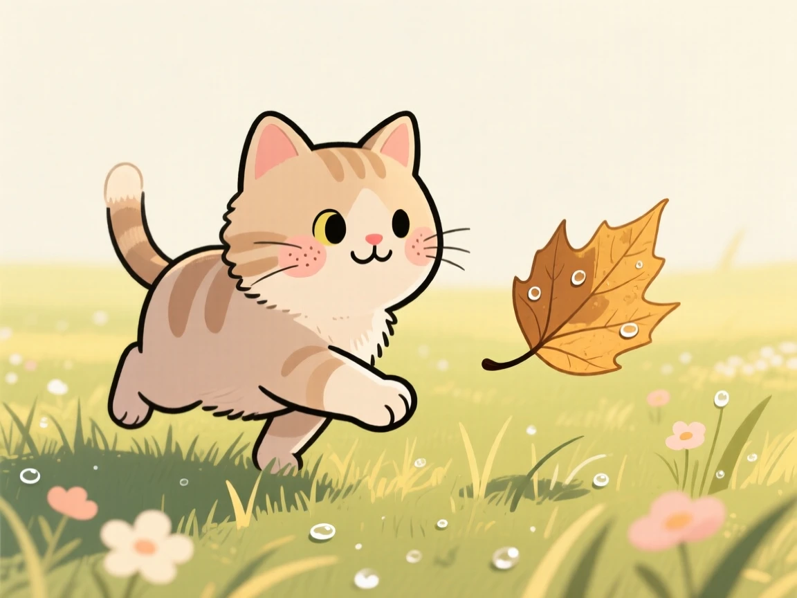 A soft-eared kitten chasing a fallen leaf in a sunny meadow, pausing to look up with curious, gentle eyes as dew glistens on the leaves.