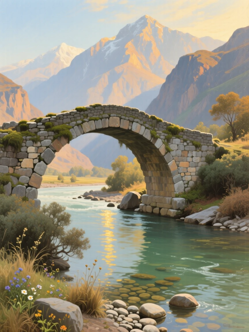 A centered composition of an ancient stone bridge arching over a slow-moving river, in bright warm sunshine, in the Himalayas.
