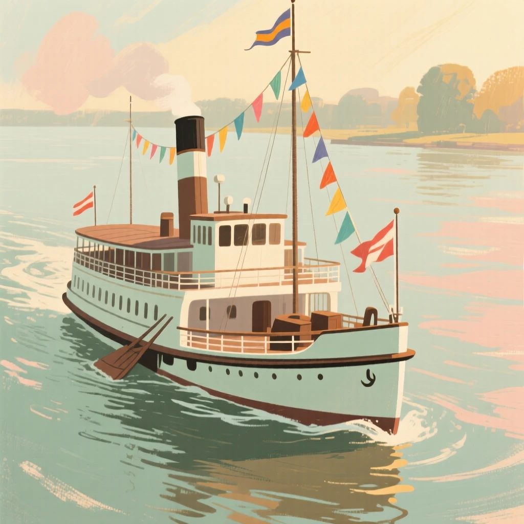 A paddle steamer decorated with flags cruising a wide river