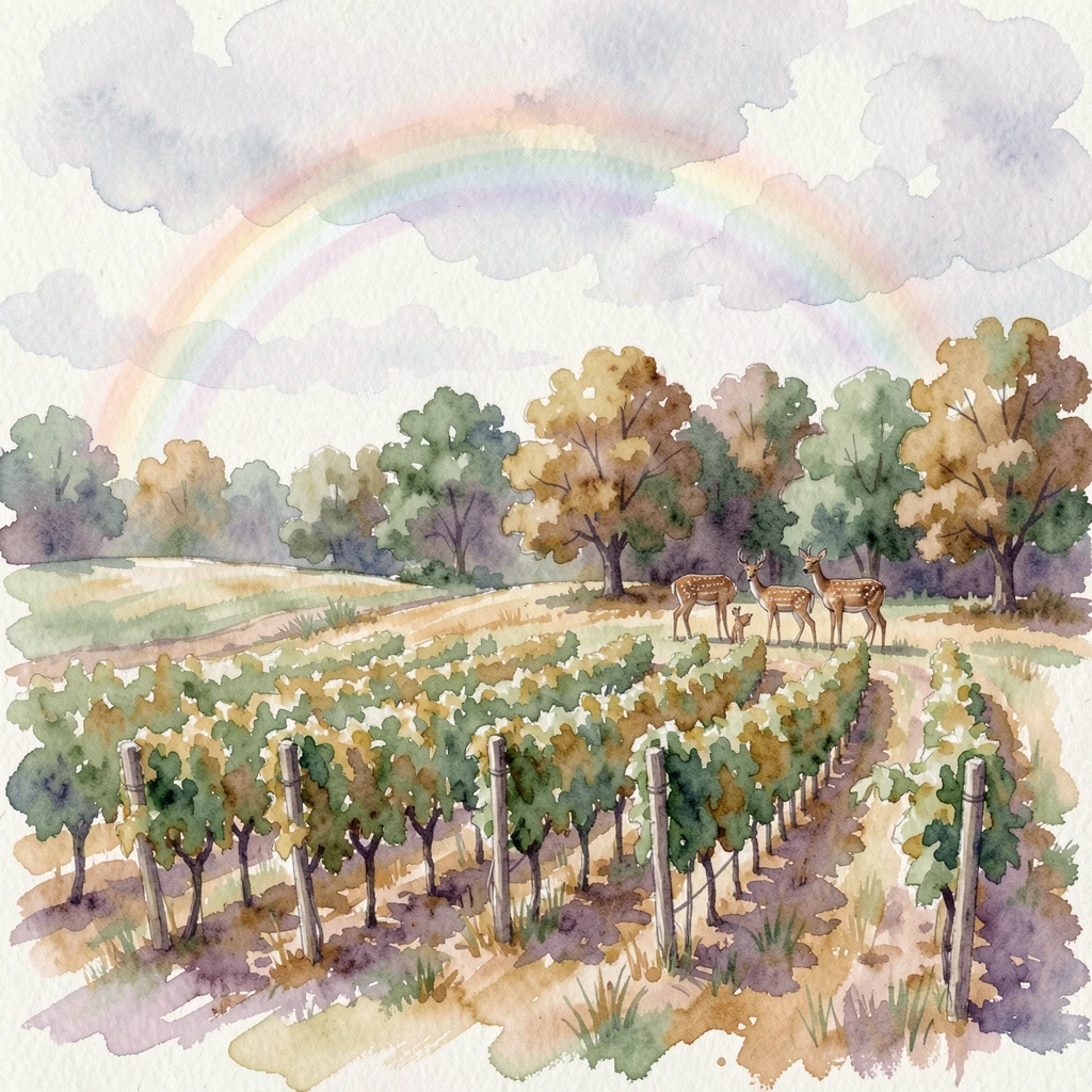 A rolling vineyard beneath a rainbow after rain with a family of deer at the tree line.