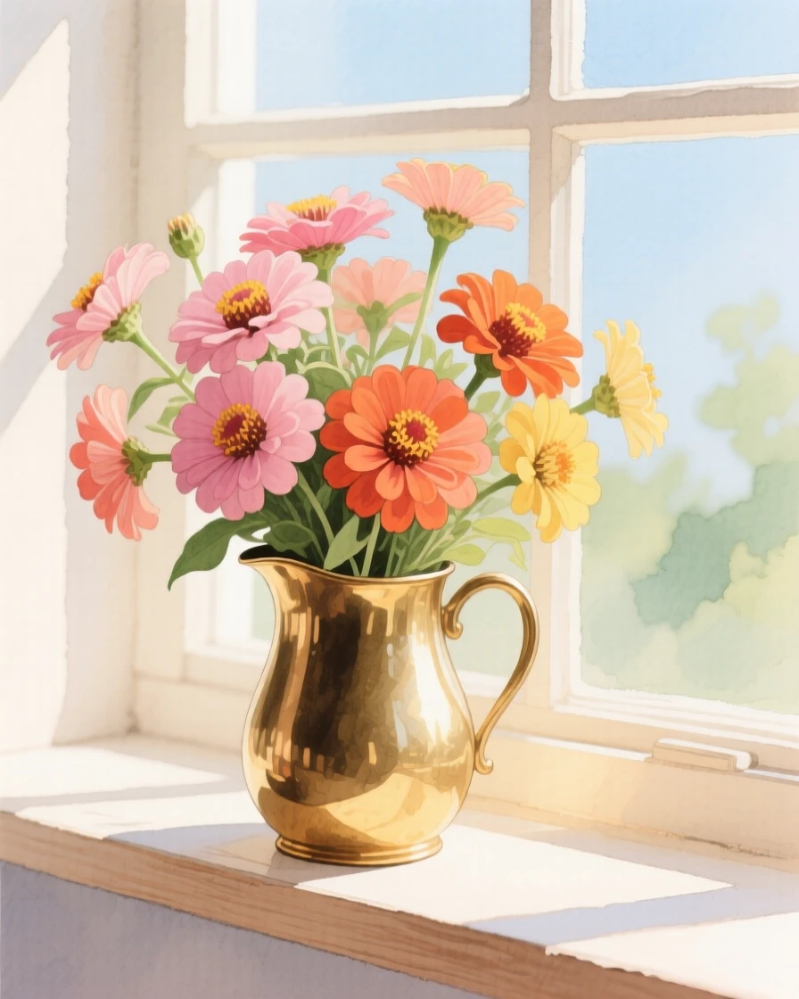 A bouquet of zinnias in soft, layered tones fills a small brass jug on a sunlit windowsill, petals catching the gentle light