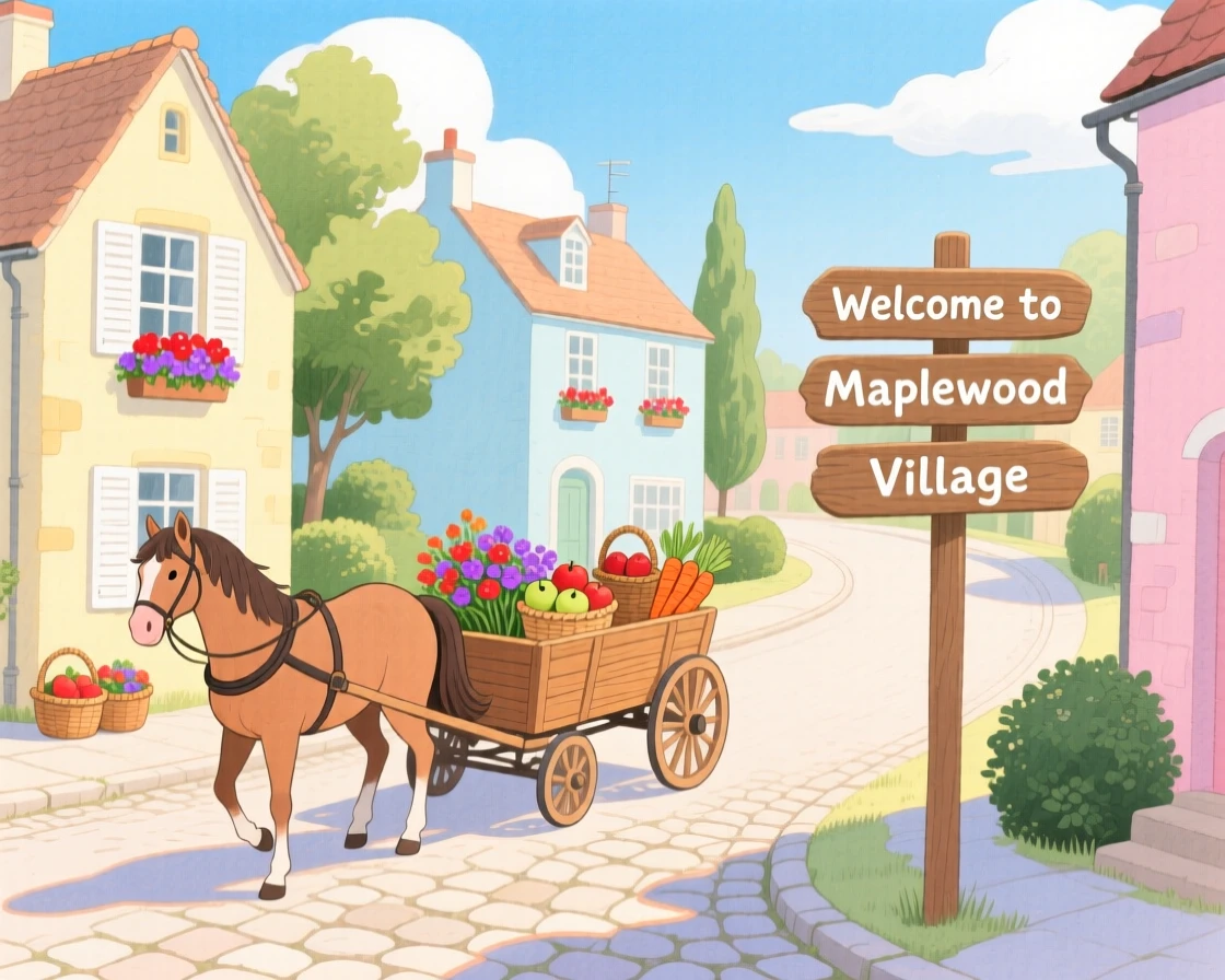 A charming scene of a horse-drawn cart rolling through a quiet village.