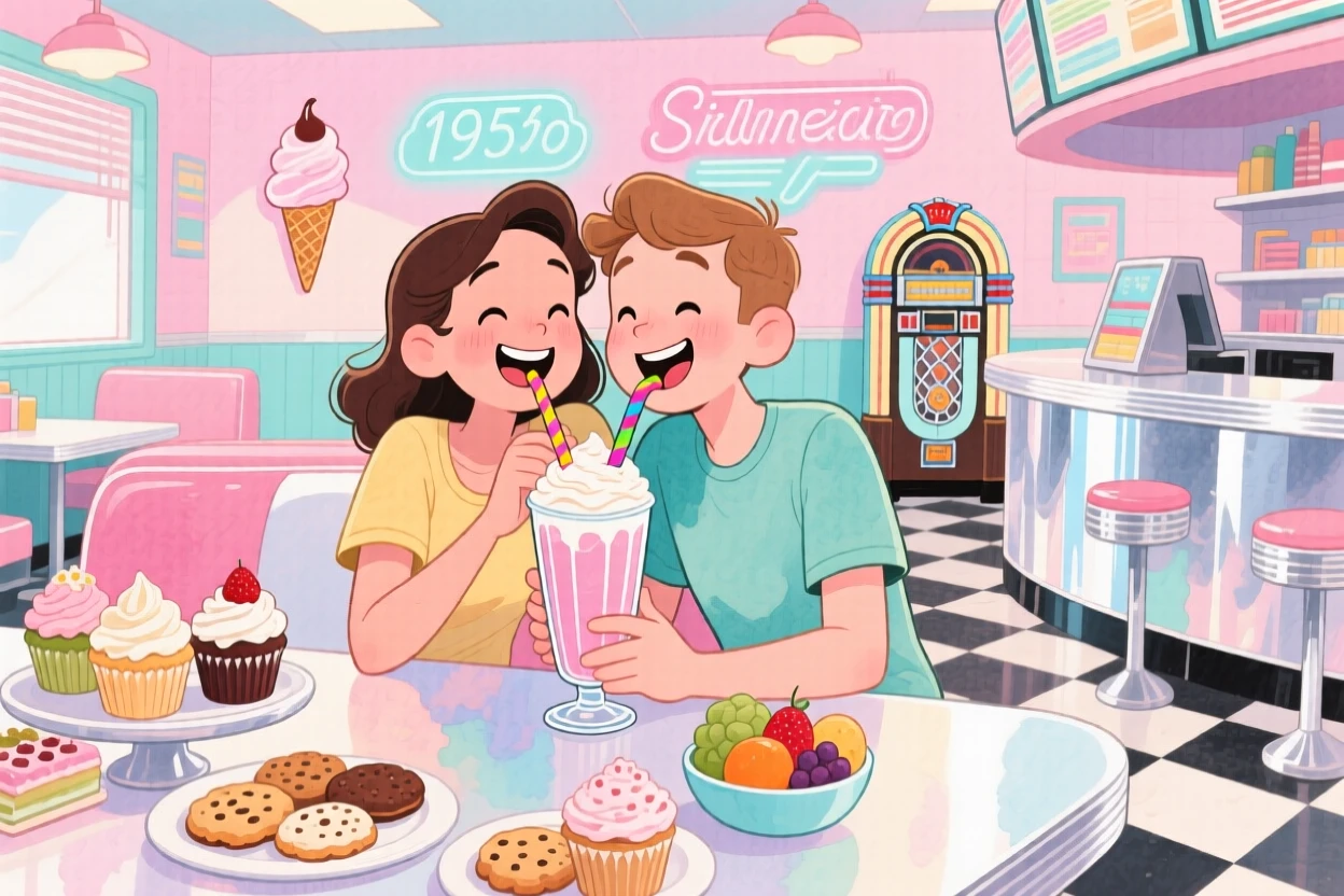 Two best friends sharing a milkshake with two straws at a diner counter, in a retro 1950s-style ice cream parlor, with a table set with homemade treats, the sweetness of true friendship.