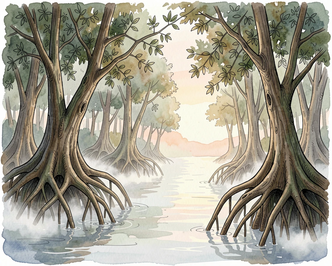 A dense mangrove forest with roots arching into calm tidal water, a soft mist clinging to the low ground as the sun begins to rise.