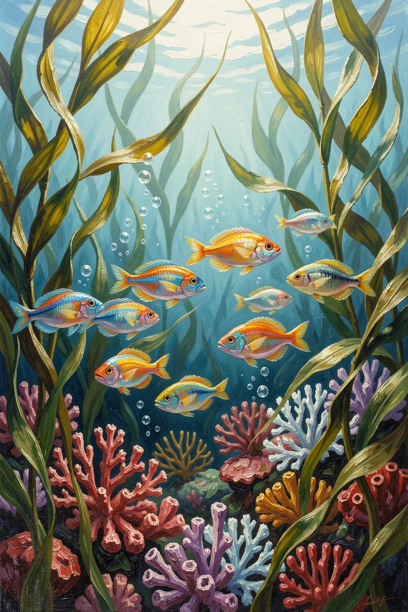 Through a forest of swaying kelp, a school of vibrant tropical fish weaving through coral, bubbles rising gently to the surface, during the soft blue light just beneath the surface at dawn.