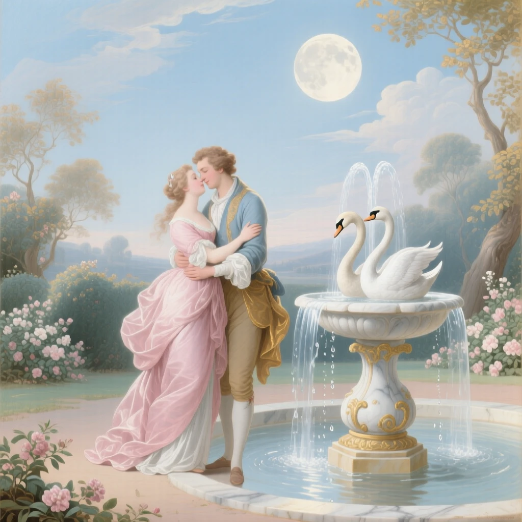 A couple embracing beneath a full moon beside a fountain of swans  