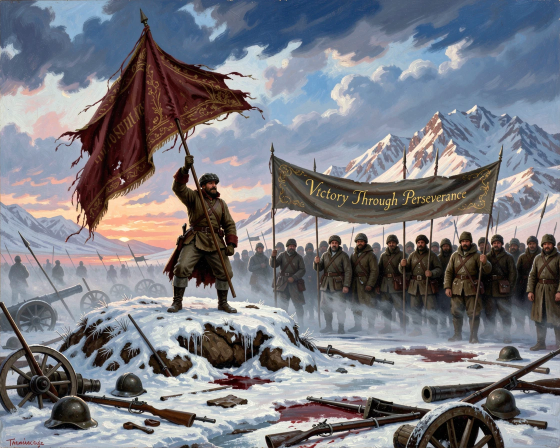 A general raises a flag over a frozen battlefield beneath a banner held high.