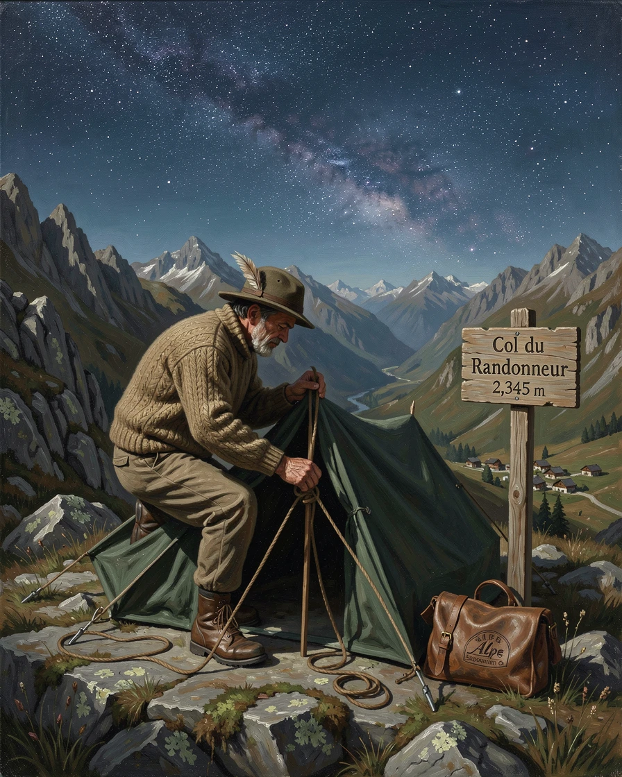 A mountaineer setting up camp beneath a sky full of stars, with authentic local culture and scenery woven throughout, designed to transport the viewer straight into the journey