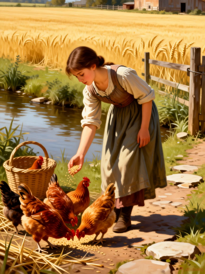 A young girl feeding chickens in a sunlit farmyard in a small, quiet moment made luminous and lasting, set beside a quiet stream at the edge of golden fields, with modest but well-tended surroundings speaking of quiet pride; the composition finds quiet monumentality in an everyday gesture, evoking dignity, warmth, and the quiet poetry of daily life.