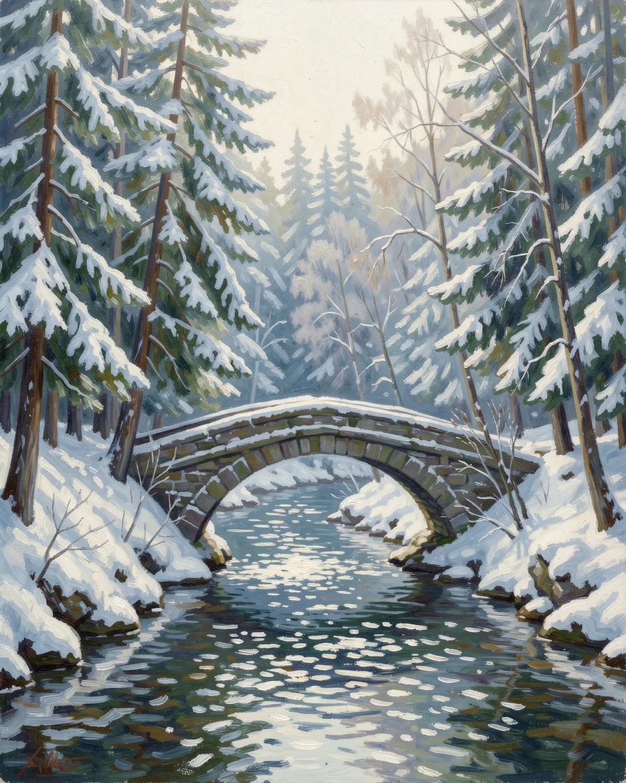 A narrow river gorge where a single arched stone bridge spans the water beneath dense green forest, under a fresh blanket of snow, evoking timeless charm and quiet elegance.
