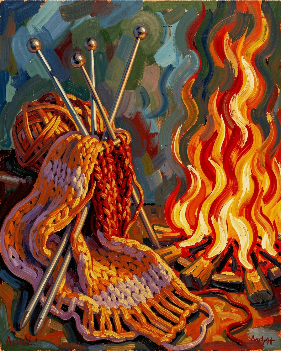 A still life of knitting needles, yarn, and a half-finished scarf beside a warm fire.