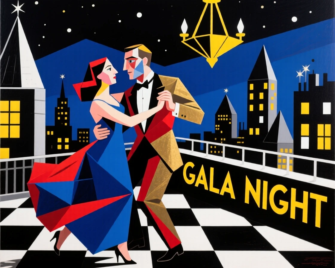 A couple in elegant attire dancing at a glamorous rooftop gala.