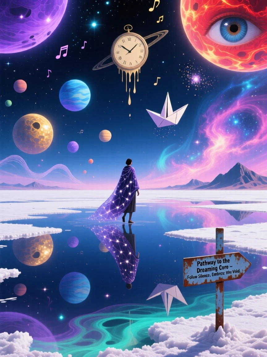 A salt flat that perfectly mirrors a sky full of drifting planets hums faintly with a low, unseen music, while a lone figure walks quietly through its heart.