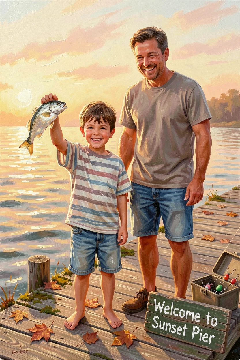 A young boy proudly holds up a small fish he caught, his father grinning beside him on a quiet dock at sunrise, a quiet warmth radiating from the interaction, grounded in small authentic details.