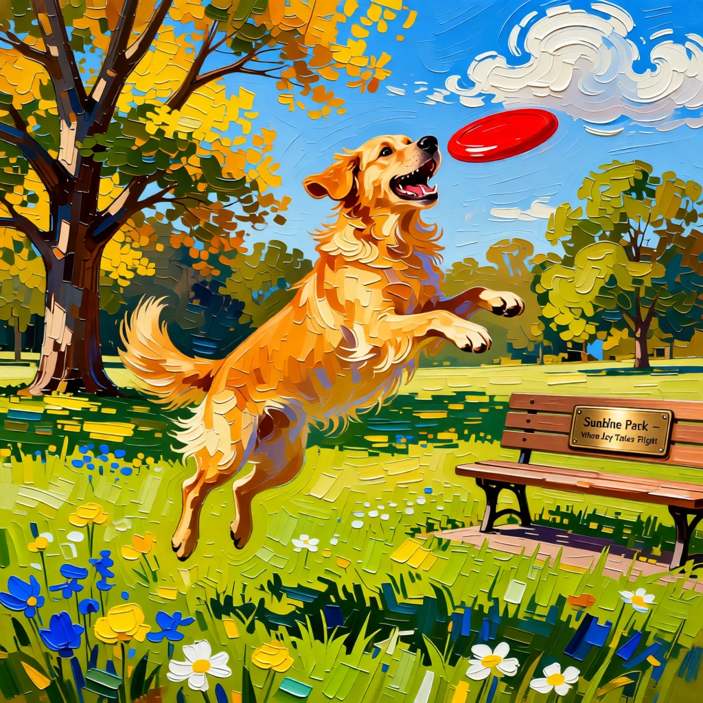 A dog joyfully catching a frisbee mid-air in a sunlit park