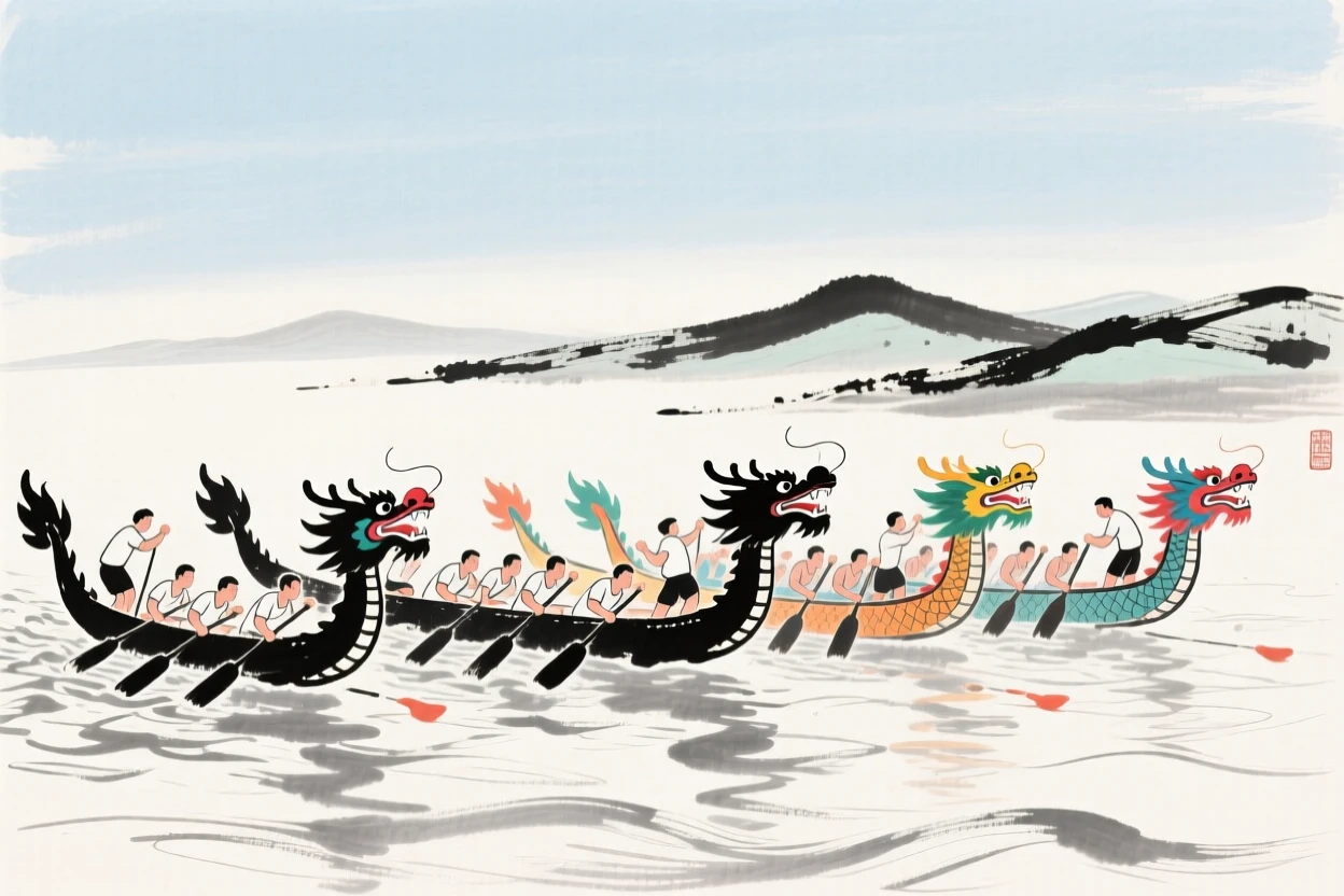 Colorful dragon boats gather at the starting line beneath a clear summer sky, with distant hills forming a backdrop to the race.