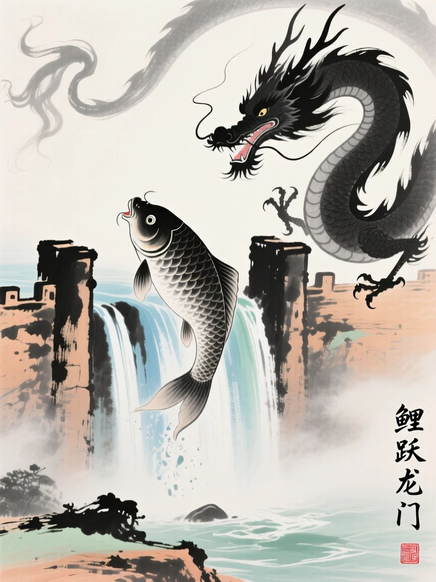 A legendary carp leaping through a waterfall gate to become a dragon, filled with tranquil stillness.
